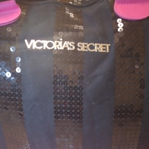 Victoria's Secret Canvas Tote Bag in Black and Dark Pink Stripes Black Sequins. - Picture 8 of 10